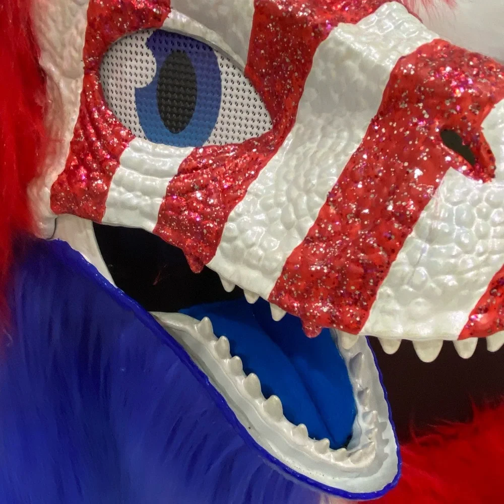 Dino Furry Mask. Patriotic Red White and Blue Glitter Fursuit Head  read detail